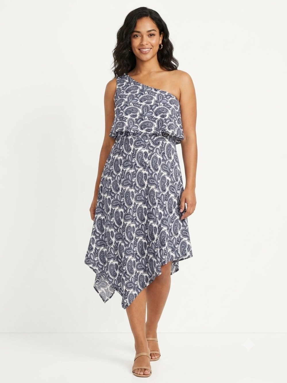 Banana Republic, One-Shoulder Navy Paisley Handkerchief Hem Dress - S